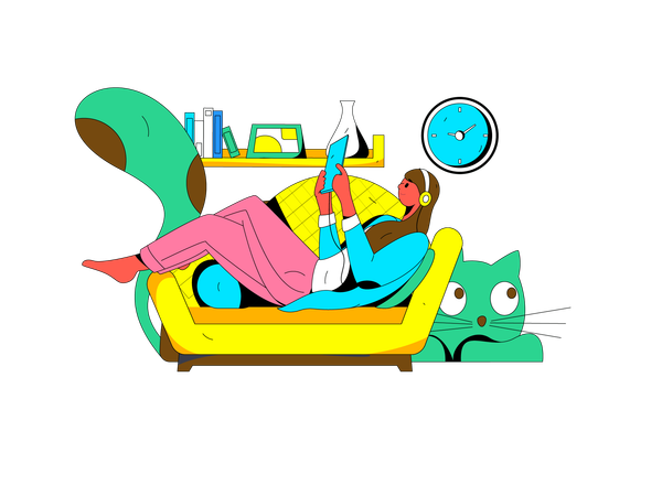 Woman is reading book while relaxing on couch  Illustration