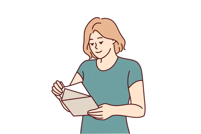 Woman With Envelope In Hands Reads Letter Received In Mail With Invitation To Entertainment Event Or Conference Girl With Notice From Bank In Postal Envelope Demanding Payment Of Interest On Loan イラスト