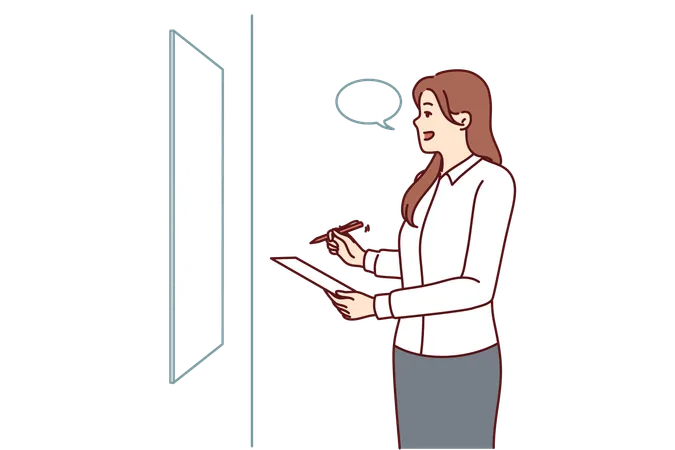 Woman Is Rehearsing Motivational Speech Standing In Front Of Mirror And Learning Oratory And Persuasive Skills Businesswoman With Pen And Piece Of Paper Rehearsing Presentation Speech For Conference Illustration