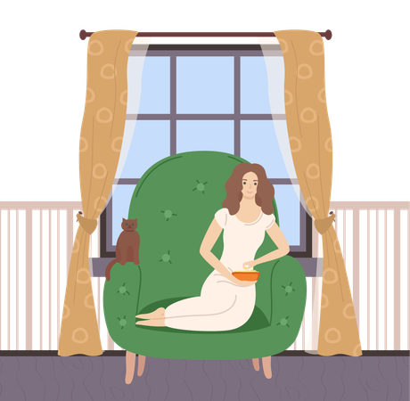 Woman is relaxing on her couch  イラスト