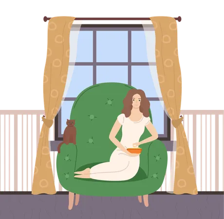 Woman is relaxing on her couch  イラスト