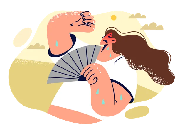 Woman With Paper Fan Escapes Summer Heat And Suffers After Getting Sunstroke While Walking Illness Girl Injured From Sunstroke Sweats Lot And Needs To Urgently Visit Air Conditioned Room Illustration