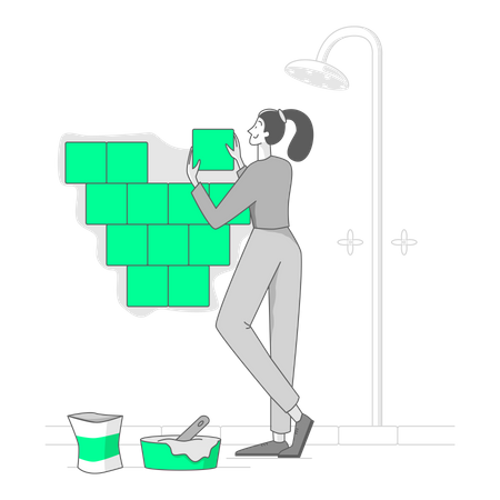 Woman is renovating her bathroom tile  Illustration