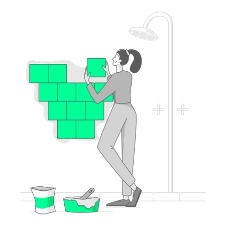 Woman is renovating her bathroom tile  Illustration