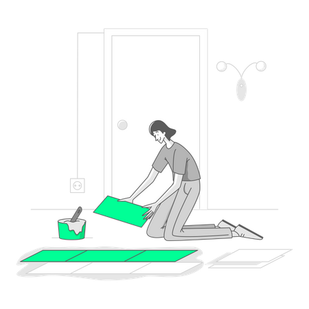 Woman is renovating the tiles on the floor  Illustration