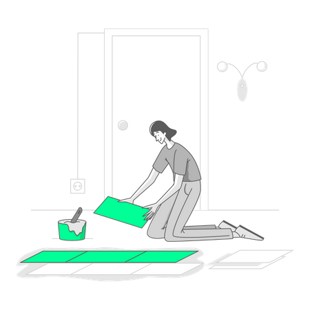 Woman is renovating the tiles on the floor Illustration