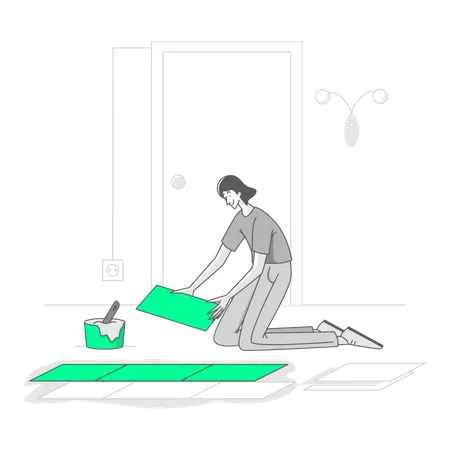 Woman is renovating the tiles on the floor  Illustration