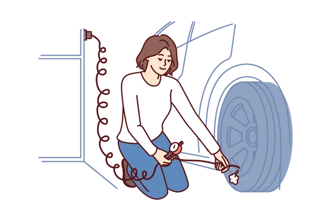 Woman is repairing car wheel  Illustration