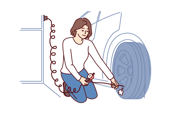 Woman is repairing car wheel  Illustration