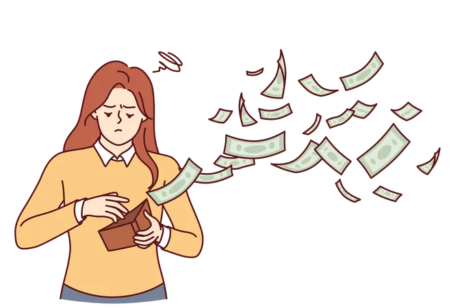 Woman Is Sad Because Of Money Flying Out Of Wallet Symbolizing Unplanned Expenses Or Interest On Loan Frustrated Girl Needs Financial Literacy Courses To Learn How To Save Money Illustration