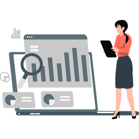 Woman is searching business graph on laptop  Illustration