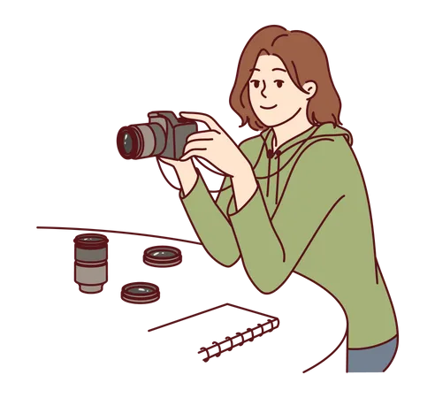 Woman is seeing her photos in camera  Illustration