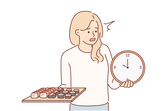 Woman is serving sushi rolls on time  Illustration