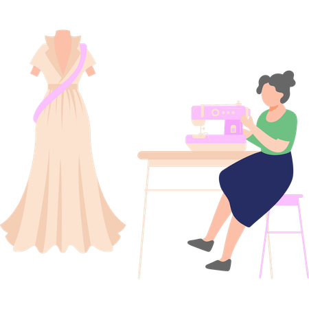 Woman is sewing a dress on a machine  일러스트레이션