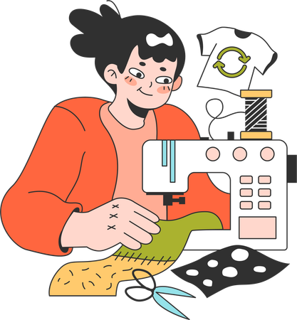Woman is sewing recycled shirt  Illustration