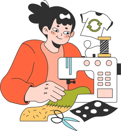 Woman is sewing recycled shirt  イラスト