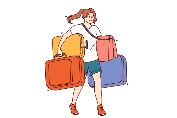 Woman Carries Lot Of Tourist Suitcases When Going On Long Trip Or Changing Places Of Residence Girl With Heavy Suitcases Walks And Smiles For Concept Immigration And Change Country Illustration
