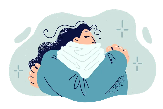 Frozen Woman Is Shivering From Cold And Hugs Herself Trying To Keep Warm Dressed In Sweater And Scarf Hiding Neck Frozen Tortured Girl Feels Chills After Returning From Winter Street Illustration