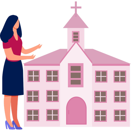 Woman is showing cathedral exterior  Illustration