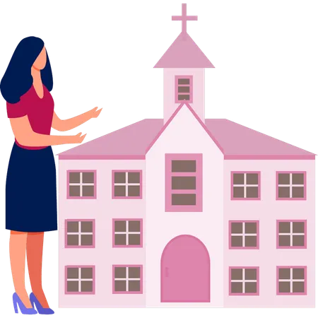 Woman is showing cathedral exterior  Illustration