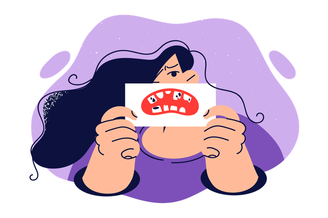 Woman is showing her tooth decay  Illustration