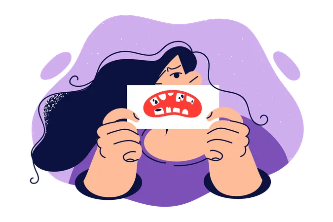 Woman Demonstrates Bad Teeth Drawn On Paper Drawing Attention To Consequences Of Using Poor Quality Toothbrush And Toothpaste Girl Shows Rotten Teeth Calling To Contact Dentist Or Stomatologist Illustration