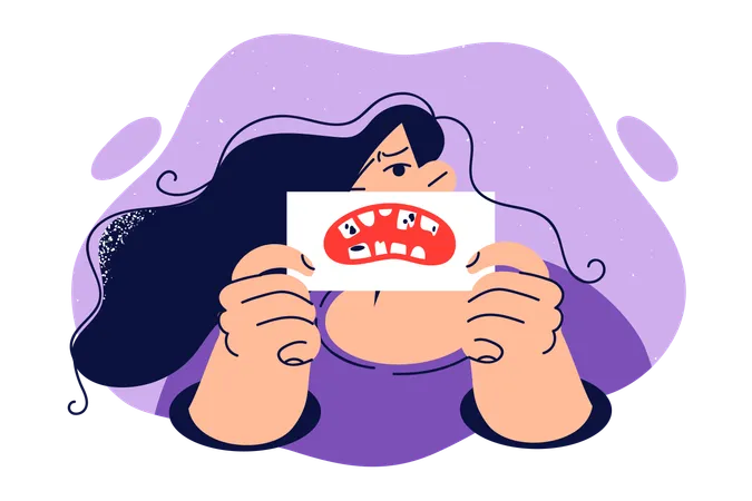 Woman is showing her tooth decay  Illustration