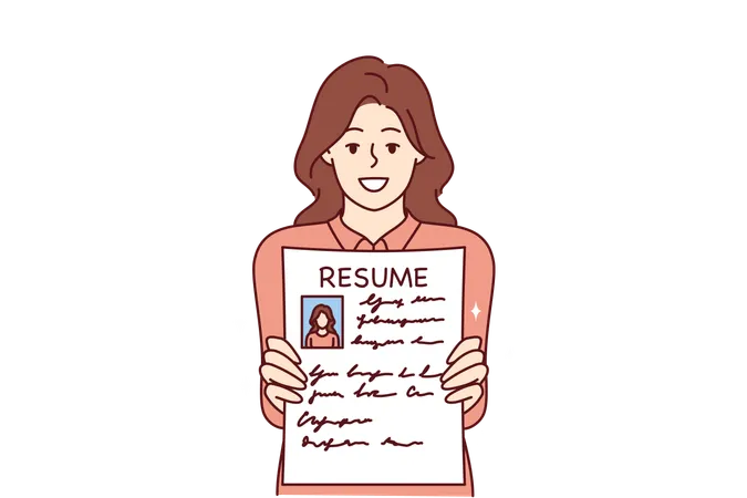 Woman Shows Resume To Find Job And Smiles Wishing To Get Vacant Position In Large Corporation Concept Recruiting Business Or Help In Writing Resume For Job Seekers Looking For Job With Big Salary Illustration