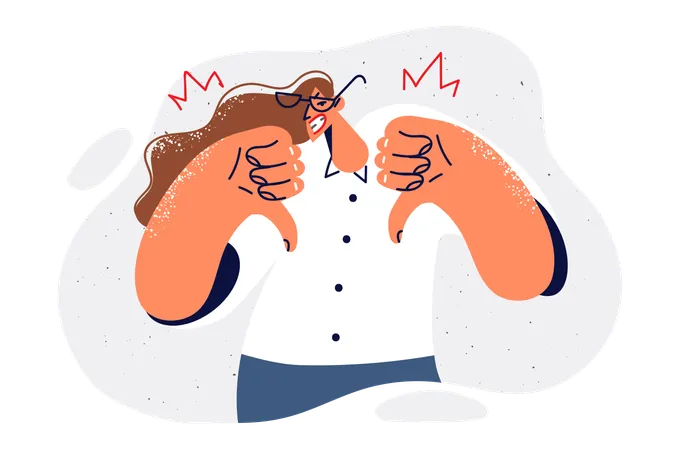 Woman Office Manager Getting Angry And Showing Thumbs Down Nervous Due To Unprofessionalism Of Subordinates Angry Female Manager Demonstrates Gesture Of No Agreement And Negative Feedback Illustration