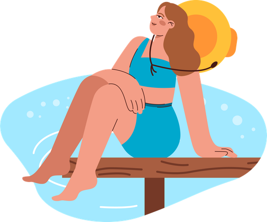 Woman is sitting at beach bench  Illustration