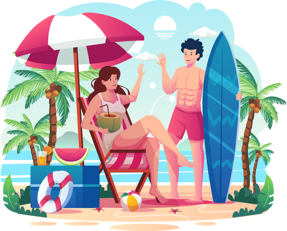 Woman is sitting on a beach chair greeting the man with a surfboard  Illustration