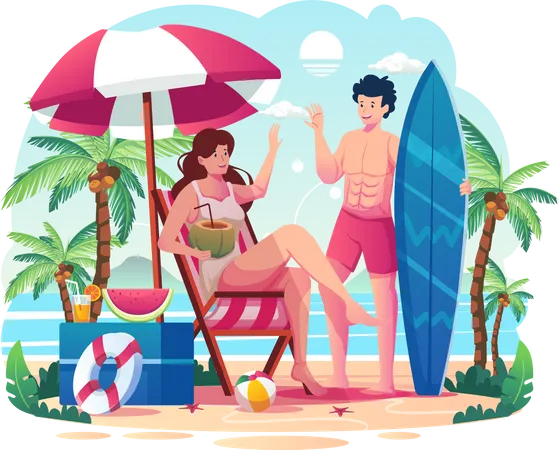 Woman is sitting on a beach chair greeting the man with a surfboard Illustration