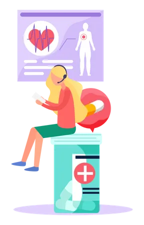 Woman In Headphones With A Sheet Of Paper In Her Hands Is Sitting On A Container With Pills Work Of The Heart System Of Patient Diagram Of Structure Of The Human Cardiovascular System Medicine Illustration