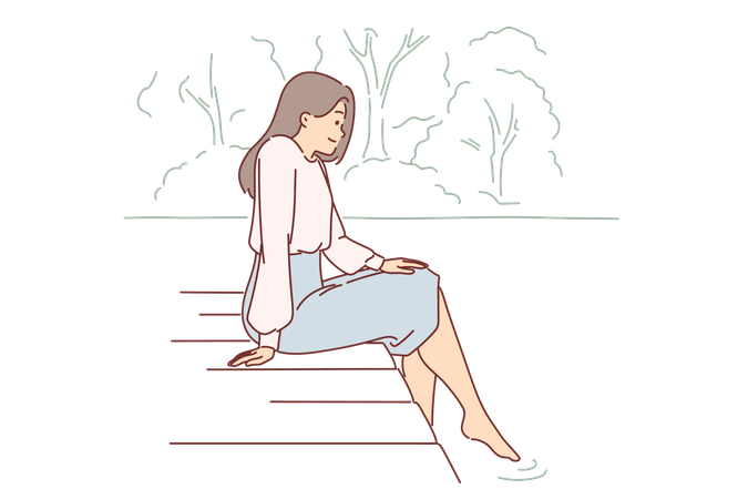 Woman is sitting on pier  Illustration