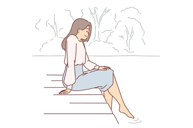 Woman Is Sitting On Pier Lowering Into Water And Enjoying Silence And Good Summer Weather Dreamy Young Girl Looks At River Or Lake Relaxing On Pier In Public Park After Hard Day Work Illustration