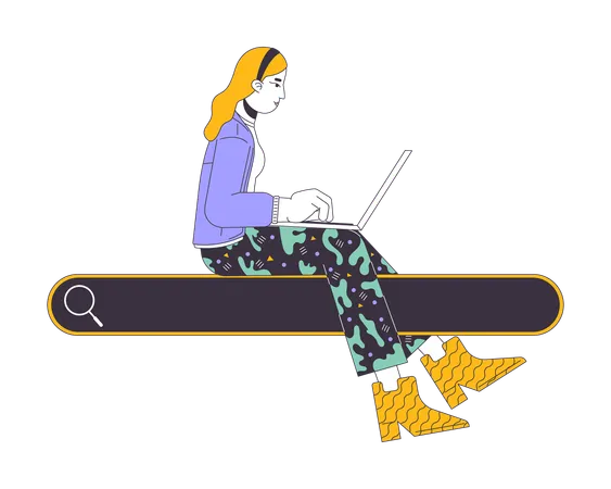 Woman With Laptop Sitting On Search Box 2 D Linear Cartoon Character Caucasian Female Surfing Internet Isolated Line Vector Person White Background Information Online Color Flat Spot Illustration Illustration