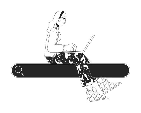 Woman With Laptop Sitting On Search Box Black And White 2 D Line Cartoon Character Caucasian Female Surfing Internet Isolated Vector Outline Person Information Monochromatic Flat Spot Illustration Illustration