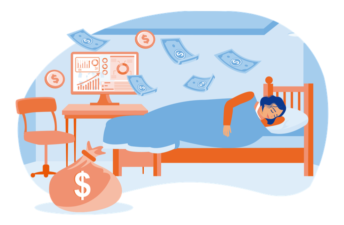 Woman is sleeping at home and earning money online  Illustration