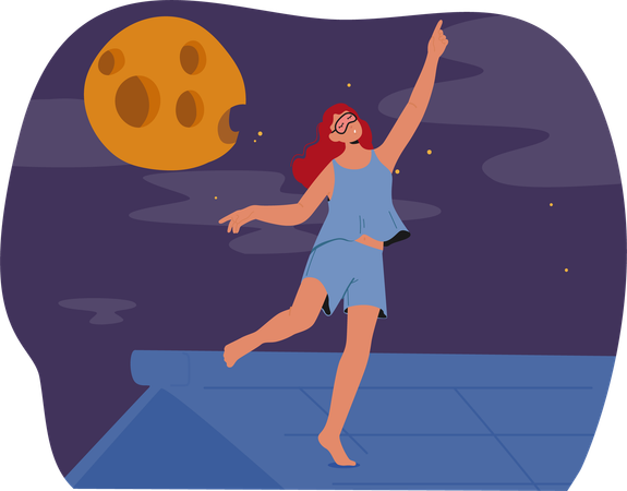 Woman Is Sleepwalking On Rooftop Under Glow Of Full Moon  Illustration