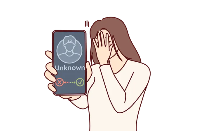Woman Receives Phone Call From Anonymous Stalker And Shows Smartphone Screen Covering Face With Hand Unhappy Girl Feeling Threatened By Stalker Or Scammer Threatening Through Telephone Calls Illustration
