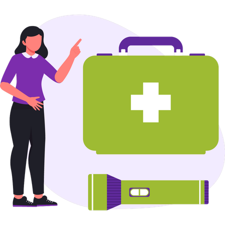 Woman is standing in front of emergency box  Illustration