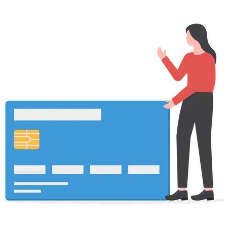 Woman is standing near a bank card  Illustration