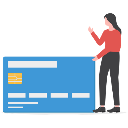 Woman is standing near a bank card  Illustration