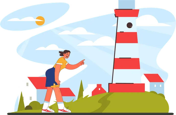 Woman is standing near lighthouse  Illustration