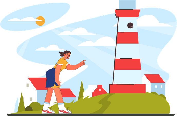 Woman is standing near lighthouse  Illustration