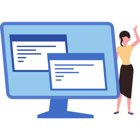 Woman is standing next to the monitor  Illustration