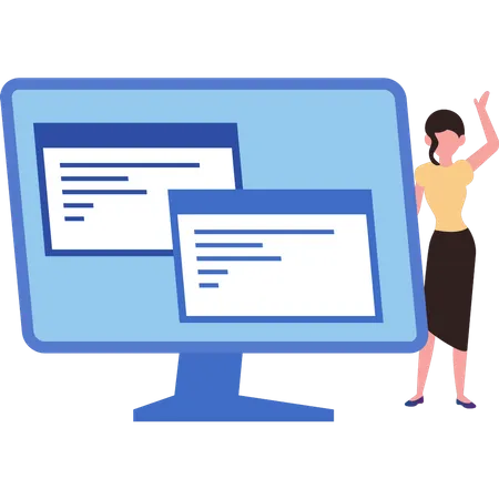 Woman is standing next to the monitor  Illustration
