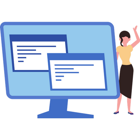 Woman is standing next to the monitor  Illustration