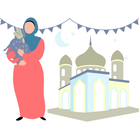 Woman is standing outside a mosque  Illustration