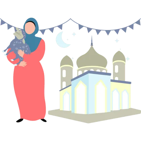 A Woman Is Standing Outside A Mosque Illustration